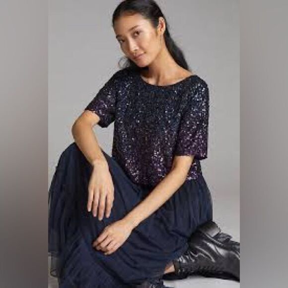 NWT Anthropologie Let Me Be Ombre Cropped Sequined Blouse Medium - Picture 2 of 9
